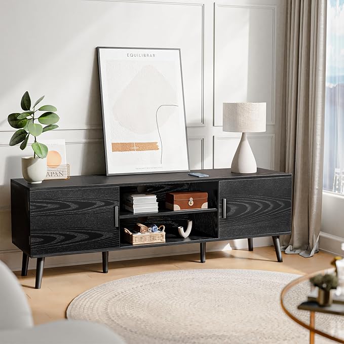 SUPERJARE TV Stand for 55 Inch TV, Entertainment Center with Adjustable Shelf, 2 Cabinets, TV Console Table, Media Console, Solid Wood Feet, Cord Holes, for Living Room, Bedroom, Black