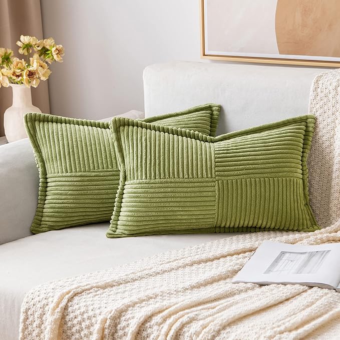 MIULEE Decorative Lumbar Throw Pillow Covers for Couch Bed Livingroom 12x20 Inch Set of 2 Green Boho Accent Throw Pllows Broadside Striped Patchwork Soft Corduroy Summer Pillowcases