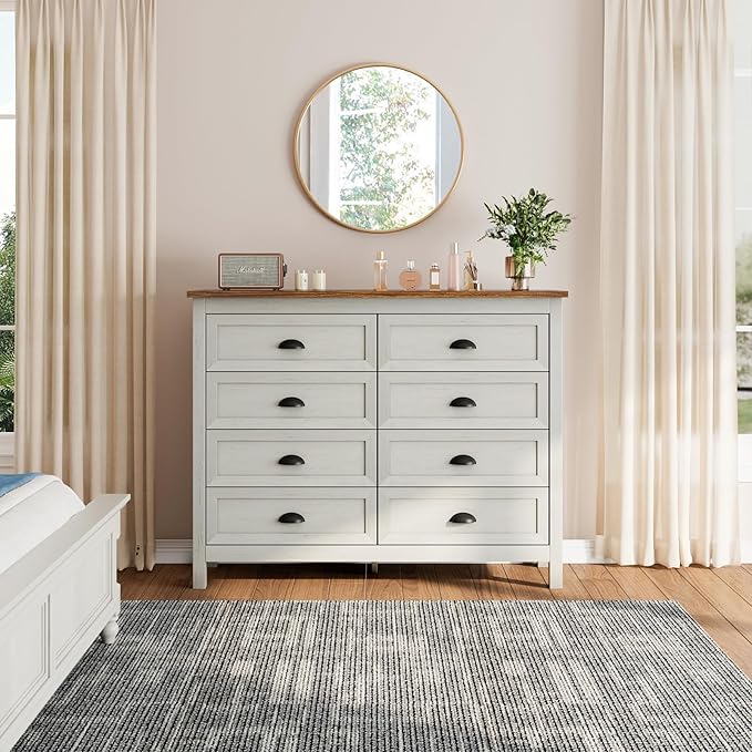 8 Drawer Dresser, Farmhouse Tall Dresser for Bedroom, Antique White Chest of Drawers, Modern Double Dressers for Bedroom, Closet