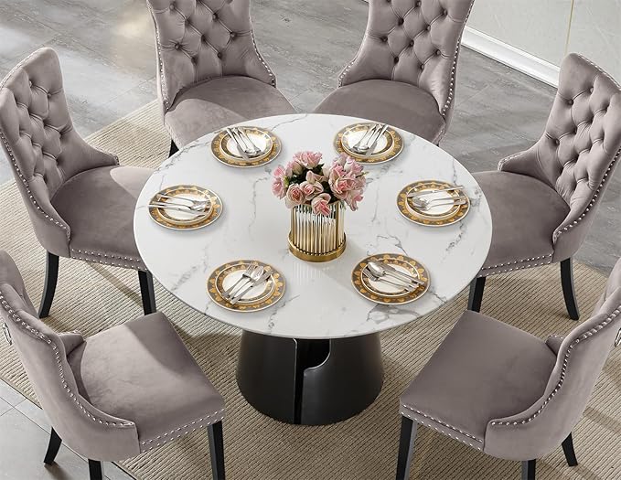 7-Piece Faux Marble Round Dining Table Set for 6, Modern Luxury Kitchen Table Set for 6 with Grey Tufted Chairs,Circle Dining Tables with White Marble Grain Top and Black Pedestal Base