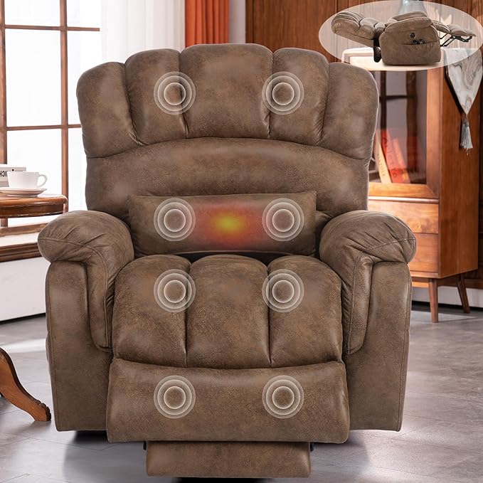 VIVIJASON Tall Man Large Dual Motor Power Lift Recliner Chair with Extended Footrest, Overstuffed Lay Flat Sleeper Electric Recliner W/Heat & Massage, Lumbar Pillow, USB & Type-C Ports, Brown