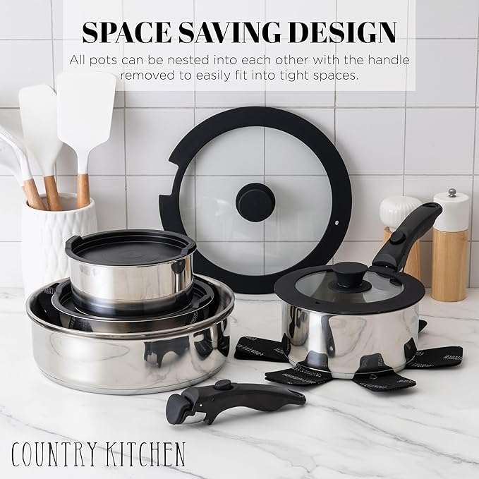 Country Kitchen Cookware Set with Removable Handle, Oven & RV Safe Pots and Pans Set, Stainless Steel, Original