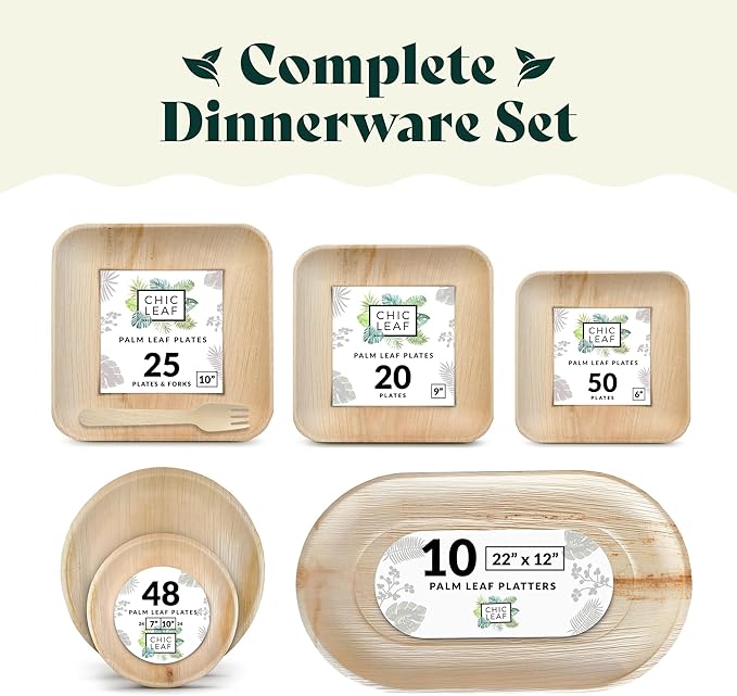 Chic Leaf Square Palm Leaf Tableware - 10" & 7", Pack of 24 - Durable Bamboo Disposable Dinnerware - Eco-Friendly Compostable Plates - Versatile Party & Appetizer Plates
