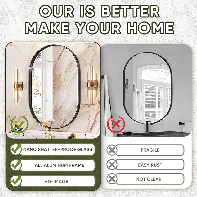 Suidia 24" x 36" Bathroom Mirror, Bathroom Vanity Mirror Metal Framed, Wall-Mounted Mirrors for Bedroom, Living Room, Entryway, Hallway, Black, Oval Style