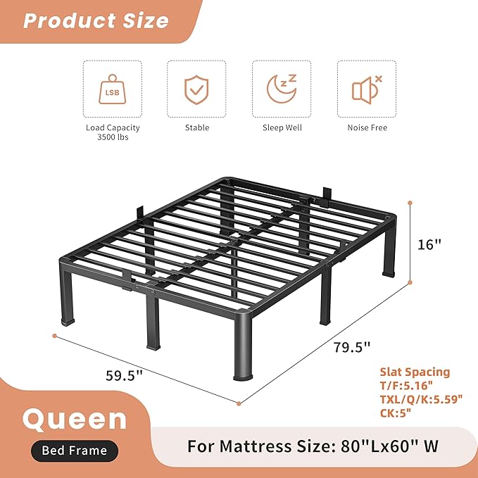 16 Inch Queen Heavy Duty 3500 lbs Bed Frame with Round-Corner Legs & Anti-Squeak Design – Quick Assembly Metal Platform, No Box Spring Needed