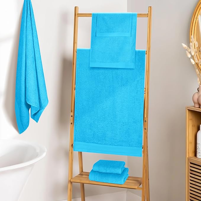 Ultra Soft 6 Pack Cotton Towel Set, Contains 2 Bath Towels 28x55 inch, 2 Hand Towels 16x24 inch & 2 Wash Coths 12x12 inch, Ideal Everyday use, Compact & Lightweight - Turquoise Blue