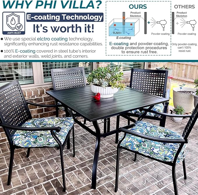 PHI VILLA 5-Piece Outdoor Meal Set for 4: Square Wrought Iron Table & Stackable Chairs, Heavy-Duty Dining Furniture for Patio, Deck, Backyard, Porch