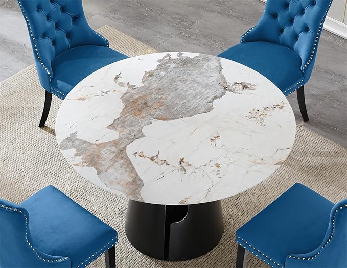 5-Piece Faux Marble Round Dining Table Set for 4, Modern Luxury Kitchen Table Set for 4 with Blue Tufted Chairs,Circle Dining Tables with Pandora Grain Top and Black Pedestal Base