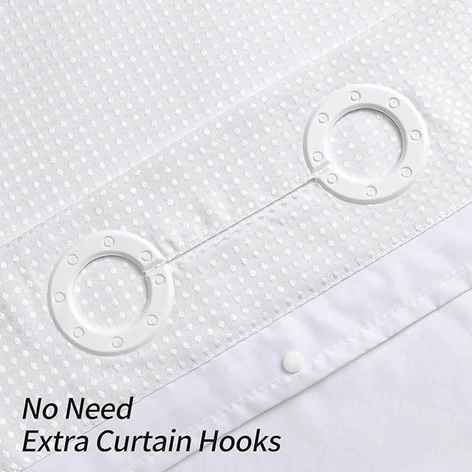 MitoVilla No Hooks Needed White Waffle Shower Curtain Set with Snap-in Liner, Modern Waffle Weave Fabric Shower Curtains for Luxury Hotel Grade Spa-Like Bathroom Decor, 72 x 74