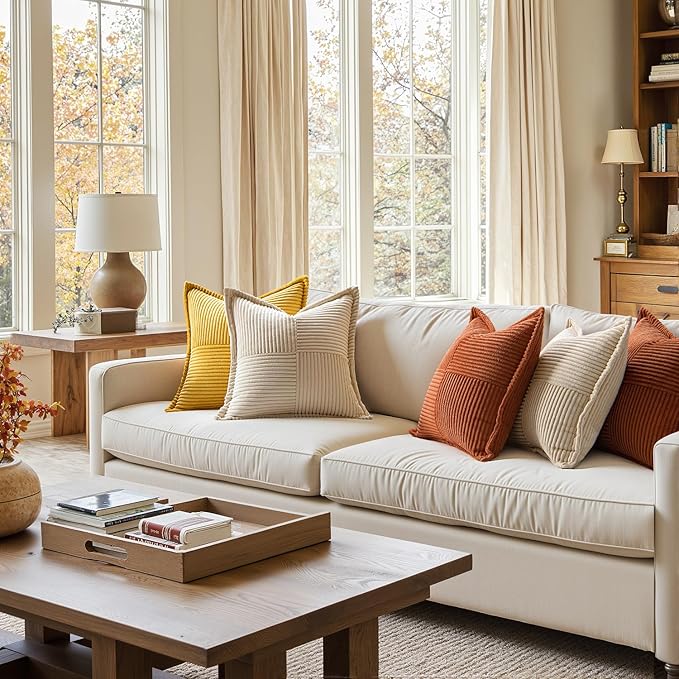 MIULEE Dark Rust Fall Decorative Throw Pillow Covers for Couch Bed Livingroom 16x16 Inch Set of 2 Boho Accent Throw Pllows Broadside Striped Patchwork Soft Corduroy Pillowcases