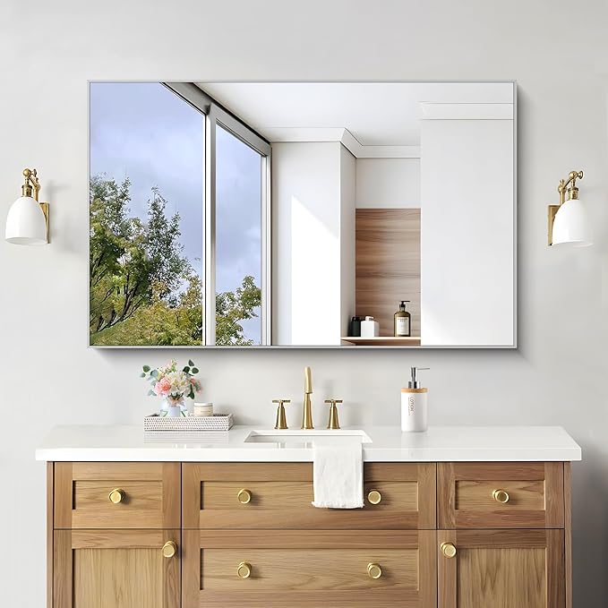 KOCUUY 30x48 Inch Large Silver Wall Mounted Mirror,Brushed Nickel Framed Rectangular Mirror for Wall Over Sink,Modern Design for Bedroom Living Room Bathroom,Functional Oversized Mirror