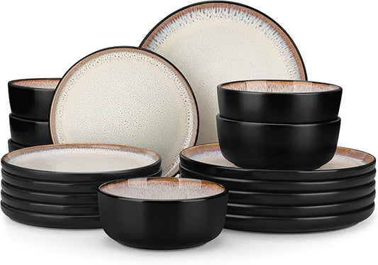 vancasso Plates and Bowls Sets, 18 Pieces Stoneware Dinnerware Sets for 6, Kitchen Dish Set Mircowave and Dishwasher Safe Dinner Set Ceramic Dishware, Light Cream, Series AMBER