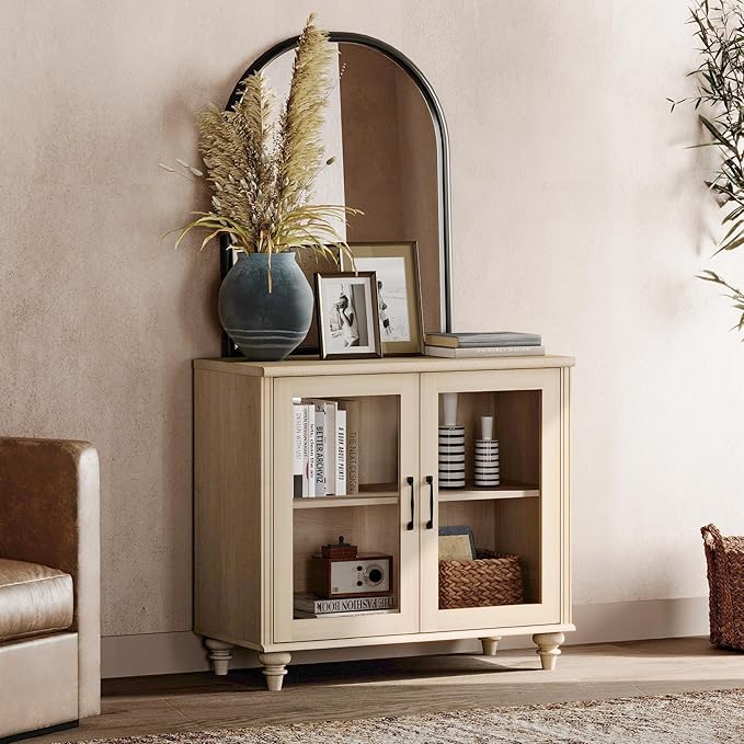 WAMPAT Farmhouse TV Stand for TVs Up to 43 inch, Glass Wood Universal TV Stand with 2 Storage Cabinets, Beige Entertainment Center TV Console Table for Living Room, Bedroom