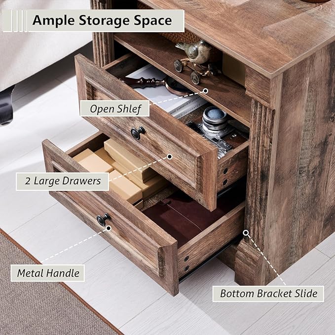 26" Tall Nightstand with Charging Station, Farmhouse 23.6" Wide Large End Table w/Roman Column, Wood Rustic Side Table w/Open Shelf, 2 Drawers Dresser for Bedroom, Living Room, Light Brown