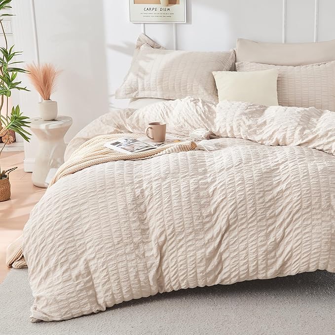 HYMOKEGE Beige Queen Comforter Set Seersucker 7 Pieces, All Season Luxury Bed in a Bag for Bedroom, Bedding Set with Comforters, Sheets, Pillowcases & Shams