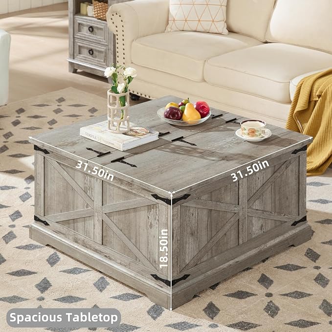 Farmhouse Coffee Table with Large Hidden Storage Compartment, Light Oak Square Center Table, Wood Rustic Low Modern Living Room Tables with Hinged Lift Brown Top & Wooden Arc Base