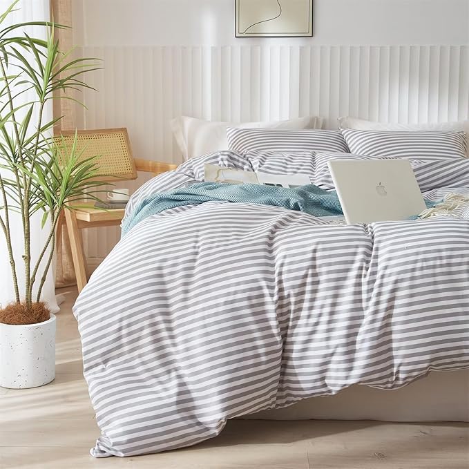 mixinni Striped Comforter Set Full Size - Grey White Stripes Pattern Bedding Set for Women and Men, 3 Pieces Lightweight Bed Sets for All Seasons (1 Soft Fluffy Comforter + 2 Pillowcases)