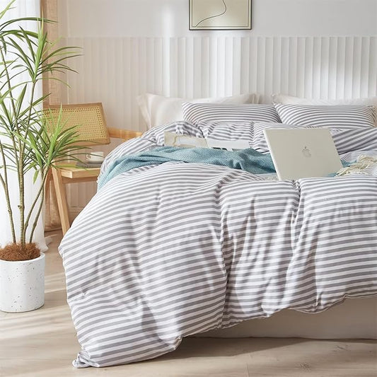 mixinni Striped Comforter Set Full Size - Grey White Stripes Pattern Bedding Set for Women and Men, 3 Pieces Lightweight Bed Sets for All Seasons (1 Soft Fluffy Comforter + 2 Pillowcases)