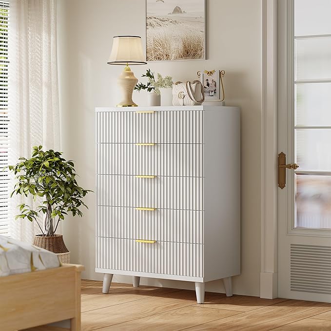 Lulive White Dresser for Bedroom Wood Tall Dressers Drawers, Fluted Modern Dresser 5 Drawers White
