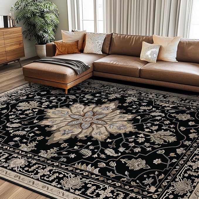Area Rugs 8'x10' Washable Non-Slip, Floral Vintage Distress Print Pattern Medallion Carpet for Living Room Bedroom Dining Room, Black Brown Neutral Dark Tan