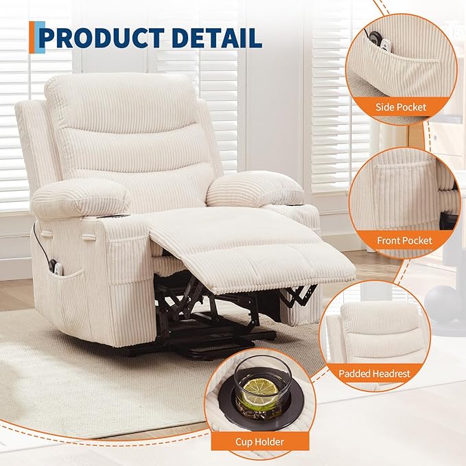 Power Lift Recliner Chair for Elderly with Massage & Heat, Small Spaces Useage Living Room or RV Single Sofa for Adults, 135° Reclining Accent Chairs, 2 Cup Holders and Side Pockets (Beige Corduroy)
