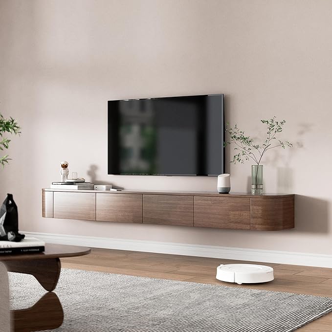 Floating TV Stand,Wall Mounted TV Shelf,Modern Entertainment Center Media Console with Storage for Bedroom,Living Room (Walnut-Led, 86.6IN)