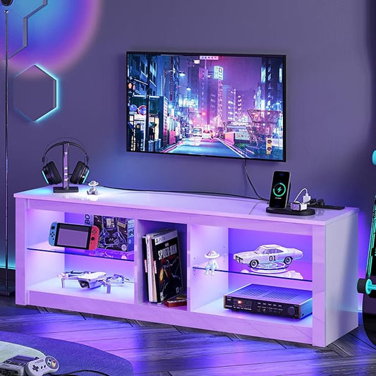 Bestier White TV Stands for Living Room, High Gloss Gaming TV Stand with Power Outlet, Modern Entertainment Center for Bedroom,LED TV Stand for 55/60/65 Inch TV, 55 Inch TV Console Table with Shelves