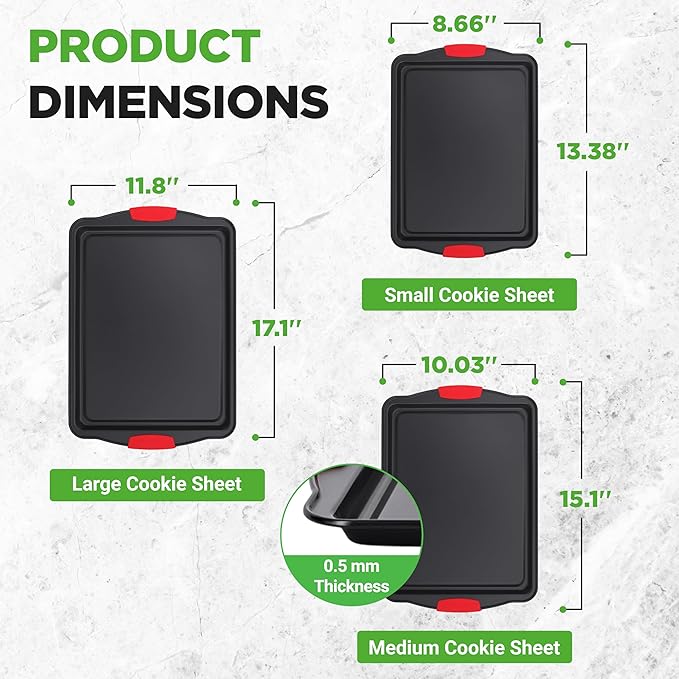 NutriChef Nonstick Baking Pans Set – 3-Piece Carbon Steel Cookie Sheet Set with Red Silicone Handles, Small, Medium, Large Stackable Trays, Oven and Dishwasher Safe Design for Cakes, Cookies and More