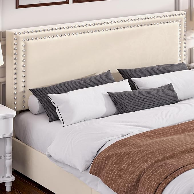 VECELO King Size Upholstered Platform Bed Frame with 4 Storage Drawers, Adjustable Velvet Rivet Decor Headboard, Wooden Slats Support, No Box Spring Needed, Easy Assembly