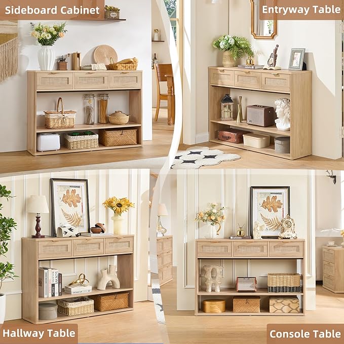 LEYAOYAO 48" Boho Rattan Console Table with 3 Drawers Set of 2,Wooden Entryway Table with Open Storage Shelf, 3 Tier Narrow Long Behind Couch Sofa Tables for Living Room, Hallway, Foyer, Natural Wood