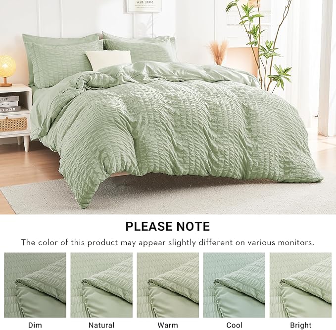 HYMOKEGE Light Green Queen Comforter Set Seersucker 7 Pieces, All Season Luxury Bed in a Bag for Bedroom, Bedding Set with Comforters, Sheets, Pillowcases & Shams