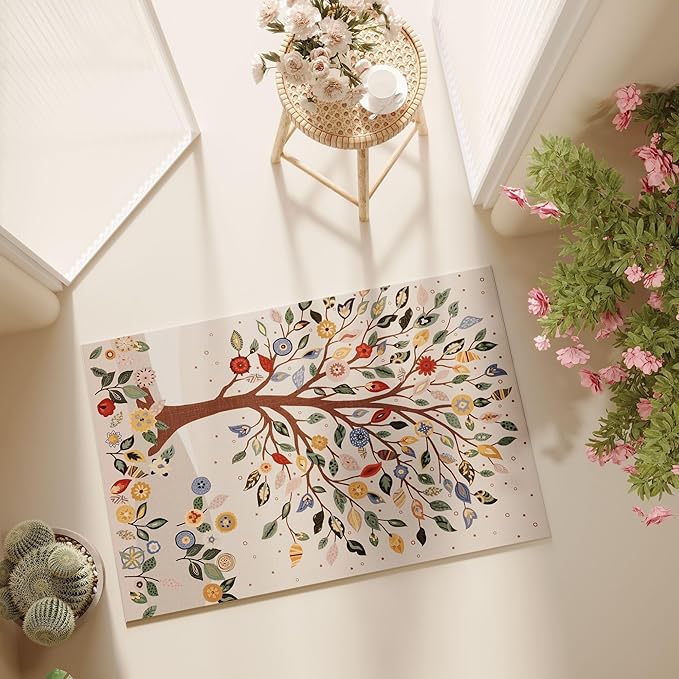 Door Mat Indoor Entrance 2x3 Rug Floral Tree Machine Washable Small Area Rug Bohemian Non-Slip Low Pile Throw Rugs for Entryway, Kitchen, Front Door Indoor Entrance, Entry, Kids Room, Beige