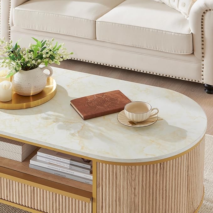 OKD Modern Luxury Fluted Coffee Table, 48" Oval Coffee Table with Drawer, Faux Marble Top, Curved Profile Design, Gold Metal Decor, Center Table for Living Room Natural Oak