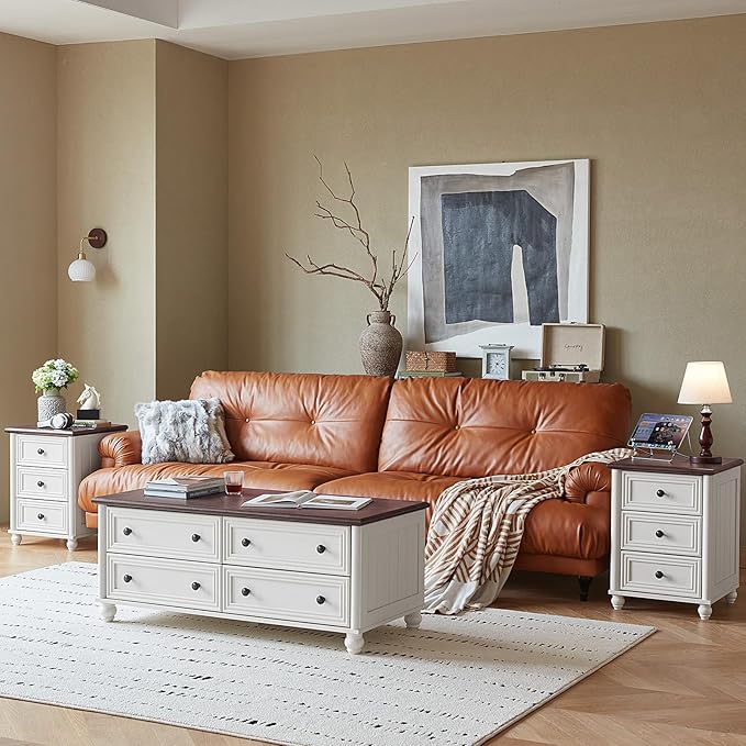 18" Farmhouse Night Stand Set of 2, White Wood Nightstand with 3 Drawers, Bedside End Table with Storage and Roman Column, Bed Side Tables Cabinet for Bedroom, Living Room, and Closet