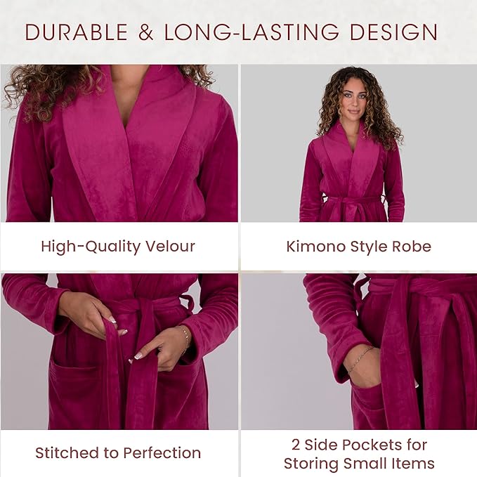Be Relax Terry Velour Robe - Made of Polyester, Shawl Collar Robe with Belt & Side Pockets, Soft & Warm Bathrobe for Women
