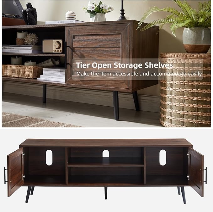 EDYO LIVING Mid Century Modern TV Stand for 65" TV, Wood TV Stand with Storage Cabinet and Open Shelf, Entertainment Center, TV Console Table for Living Room, Dark Walnut