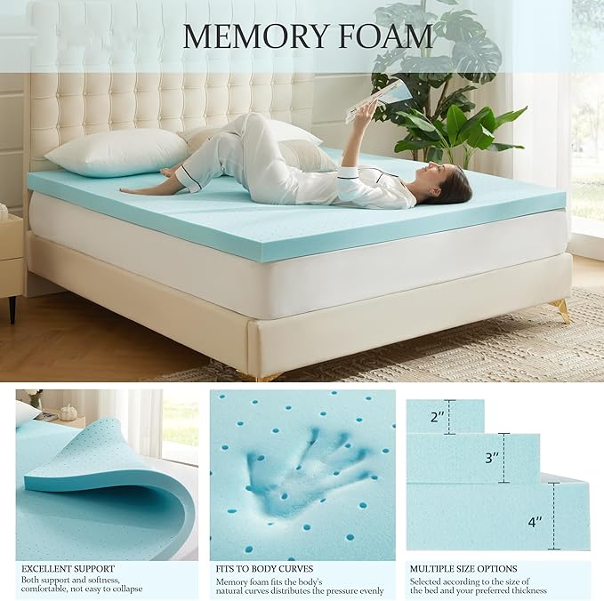 3 Inch Memory Foam Mattress Topper Twin, Mattress Pad Gel Infused Foam Bed Topper, Ventilated Soft Blue,Full Size