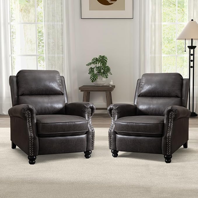 CANMOV Pushback Recliner Chair Set of 2, Faux Leather Armchair Push Back Recliner with Rivet Decoration Single Sofa Accent Chair for Living Room, Dark Grey