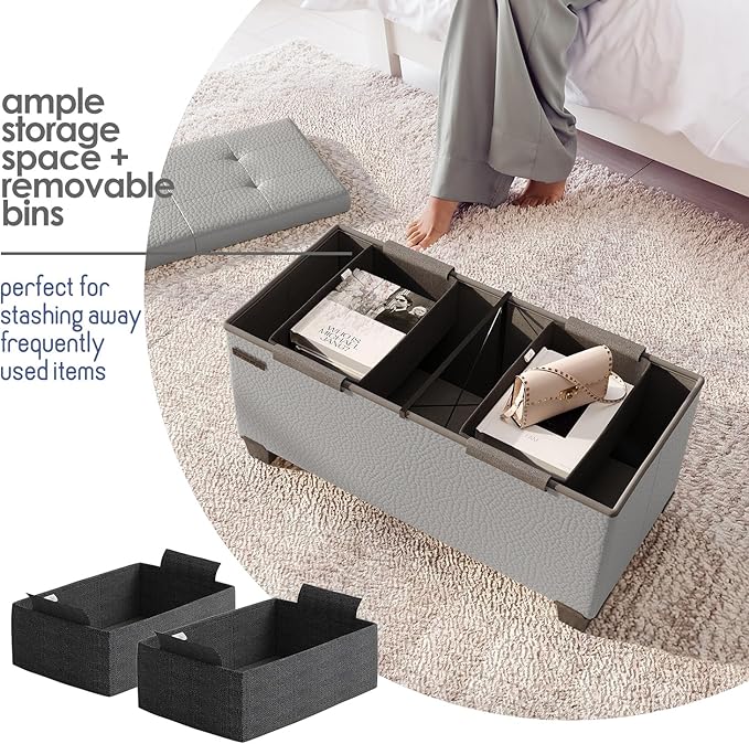 STORAGEBUD Storage Ottoman Bench with Bins, 30-in Storage Bench for Bedroom End of Bed, Folding Foot Rest Ottoman for Living Room Max 660lbs, Faux Leather Ottomans, Light Grey