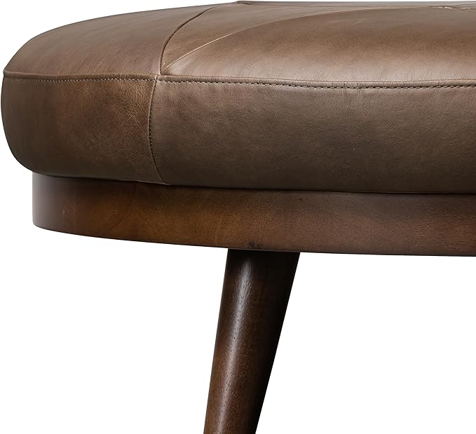 POLY & BARK Gio Ottoman – 30” Round with Feather-Down Topper – Full-Grain Leather Upholstery – Couch Ottoman for Living Room – Vintage Italian Leather in Cocoa Brown