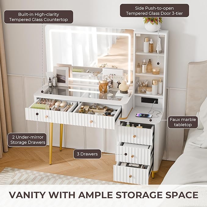 Fluted Vanity Desk with 36" Mirror and Lights, Makeup Vanity Desk with Glass Top, Dressing Table with 5 Drawers & Shelves, Wood Vanity Table for Bedroom(White)