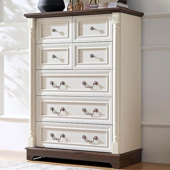 Farmhouse Tall 7 Drawer Dresser with Deep Drawers and Roman Column, Antique White Dressers & Chest of Drawers for Bedroom Storage
