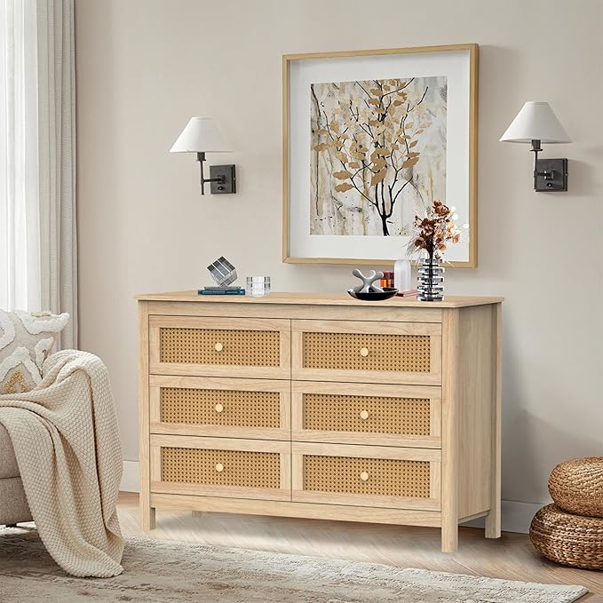 Farmhouse 6 Drawers Dresser, Wood Double Dresser Chest of Drawers Wide Storage Organizer Cabinet for Bedroom, Living Room, Natural