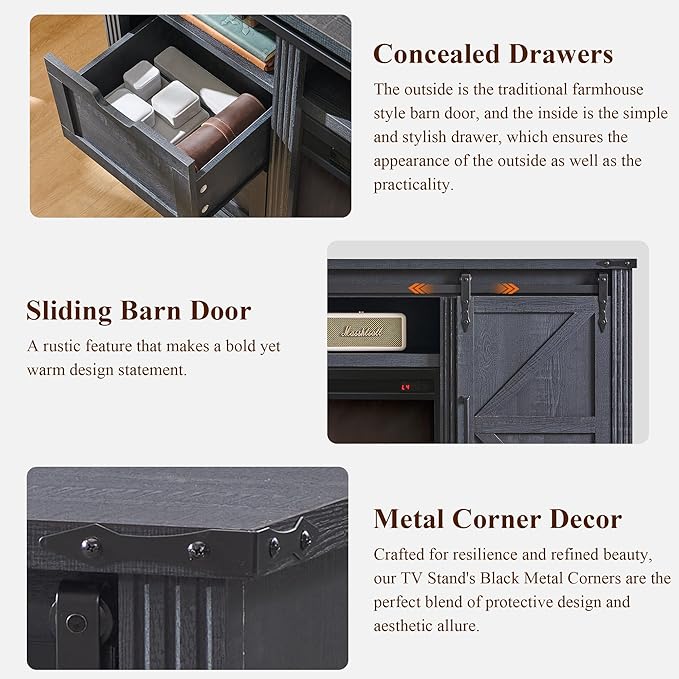 LINGMU Farmhouse TV Stand for 75 80 Inch TV, 32" Tall Entertainment Center w/4 Drawers & Sliding Barn Door, Rustic Media Console w/Storage Shelves, 66" Wood Television Stand for Living Room, Black