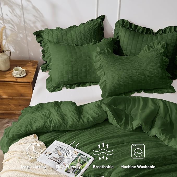 JOLLYVOGUE Dark Green Comforter Full Size, 3 Pieces Seersucker Lightweight Full Size Bedding, All Season Fluffy Microfiber Bedding Comforter Set with 1 Ruffle Comforter and 2 Ruffle Pillowshams