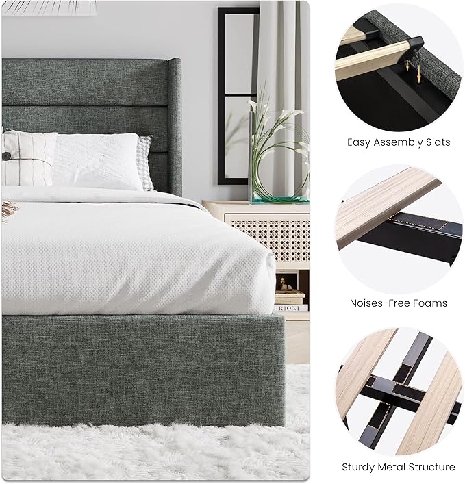 SHA CERLIN Full Size Lift Up Storage Bed/Modern Wingback Headboard/Upholstered Platform Bed Frame/Hydraulic Storage/No Box Spring Needed/Wood Slats Support/Dark Grey