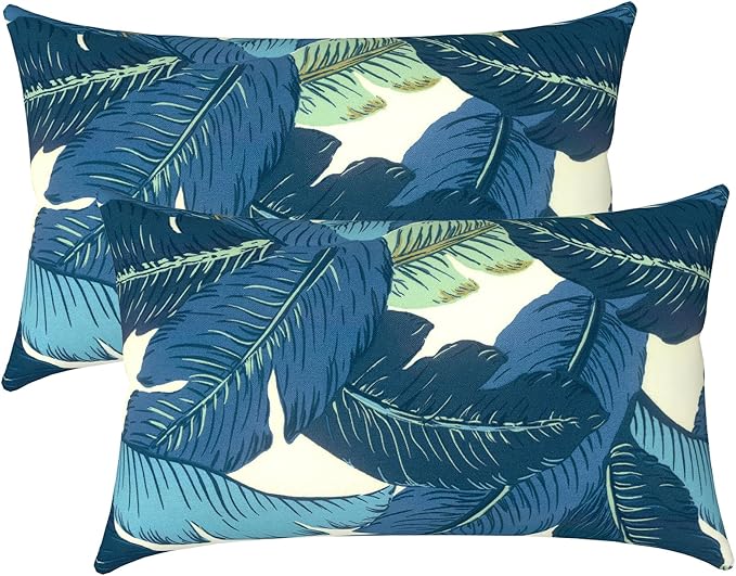 LVTXIII 12×20 Inch Outdoor Lumbar Pillows, Pack of 2 Water Repellent Lumbar Pillow with Inserts, Fluffy Decorative Garden Lumbar Cushions for Home Patio Coach Sofa Use, Swaying Palms Blue
