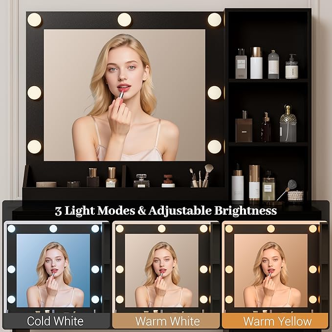 Makeup Vanity with Mirror and Lights, 34'' Wide Dressing Table with Charging Station & RGB Glass Cabinet, Small Vanity Desk with 3 Color Lighting Modes & Adjustable Brightness, Black