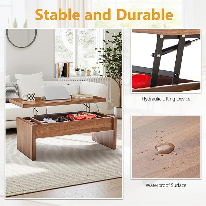 Small Lift Top Coffee Table, Wood Rectangle Coffee Table with Lifting Top and Hidden Storage Compartment, Mid Century Modern Center Tables for Small Space, Living Room, Office (Walnut)