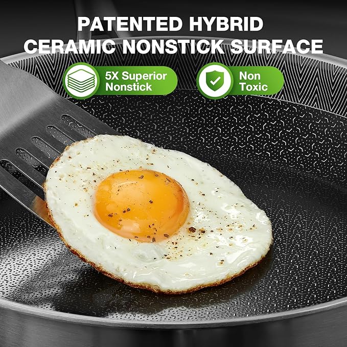 PekGema Hybird Nonstick Frying Pan with Lid 12 inch, Stainless Steel Skillet, Ceramic Non-stick Oven-Safe Chef Pan, Induction Ready, PFOA PFAS FREE Cookware